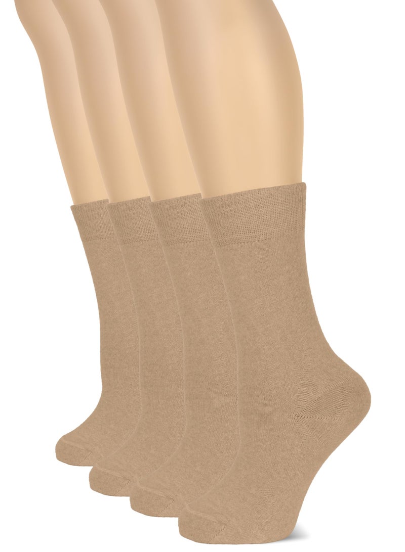 Hugh Ugoli Women's Cotton Crew Socks | Plain Color, Regular Fit, Soft Casual Socks for Trouser, 4 Pairs, Beige, Shoe Size: 6-9 - Image 1